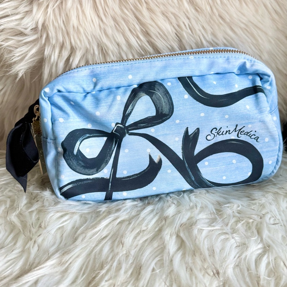 NWOT SkinMedica Light Blue and Black Bow Makeup Bag